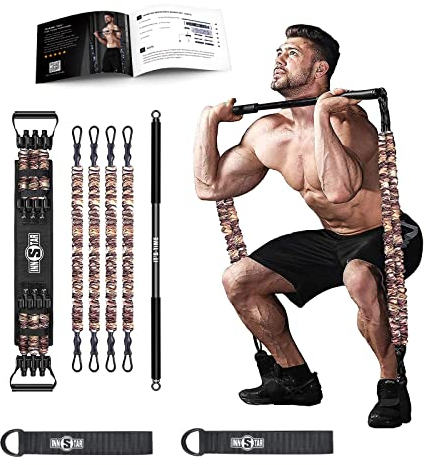 Gym 3.0 Verbessertes tragbares Heimgymnastik-Trainingsset + Widerstandsbänder - Abnehmbare Fitnessstange, Griffe, Türanker - Ganzkörpertraining für zu Hause, auf Reisen oder überall (Camo Brown)