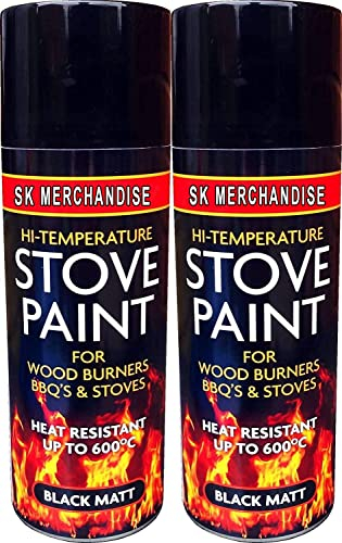 SK MERCHANDISE Black Heat Resistant Matt Black Spray Paint Stove High Temperature 400ml (2 Spray Cans)