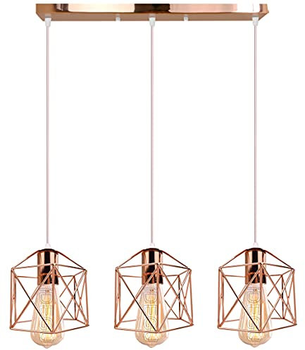 iDEGU - Luminaria industrial con 3 lámparas de techo de hierro, jaula cuadrada, 15 cm, lámpara de techo, E27, iluminación para salón, dormitorio, bar (oro rosa)