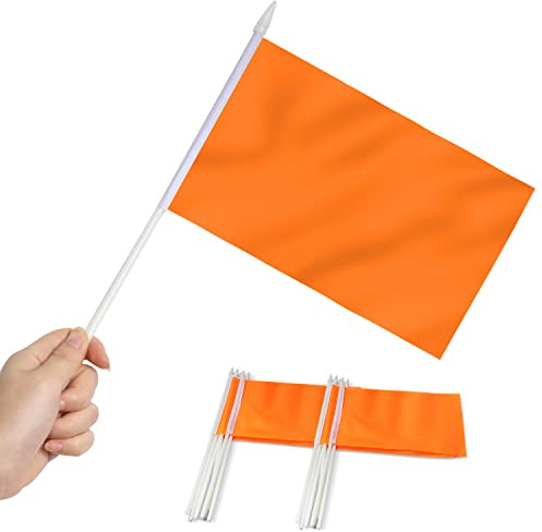 Anley Lot de 12 mini drapeaux orange – Petits drapeaux vierges miniatures orange solide sur bâton– 12,7 x 20,3 cm avec mât solide et pointe en forme de lance