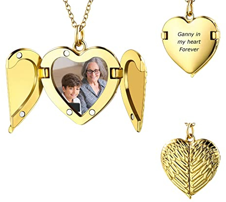 INBLUE Collana Donna con Medaglione con Foto Personalizzata Girasole Ciondolo Inciso Messaggio Lega in Acciaio Inossidabile Pendente Idee Regalo Donna per Mamma Fidanzata (Oro Ala Cuore Ciondolo)