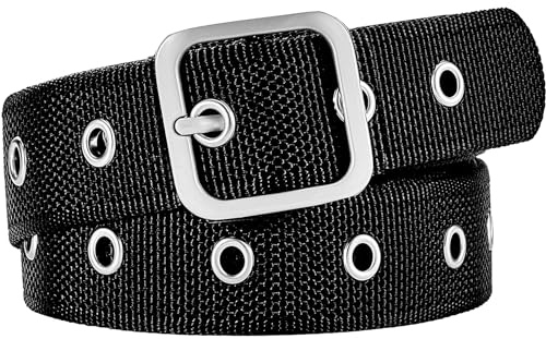 Drizzte Nietengürtel Damen Übergröße Stoffgürtel Punk Gürtel Damengürtel Schwarz 130cm