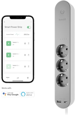 Hombli Smarte Steckdosenleiste mit 3 AC und 2 USB Anschlüssen, Überspannungsschutz, 1,5 m Kabel, App-Sprachsteuerung, kompatibel mit Alexa, Google, EU