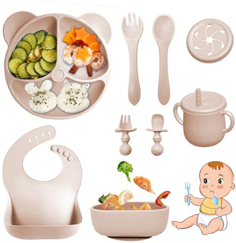 Bizcasa 9 Stück Silikon Baby Geschirrset, Rutschfest Kindergeschirr Set, Kindergeschirr mit Saugnapf, Rutschfest Baby Schüssel,Baby-Teller, Baby-Besteckset für Kleinkinder, BPA Frei (Beige)