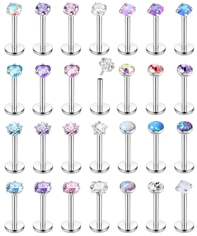 Adramata 28 St Näspiercing Plugg Kirurgiskt Stål Läpppiercing Labret Set Gänglös Inskjutning Monroe Medusa Liten CZ Opal Öra Conch Tragus Helix