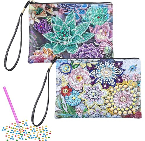 Mecmbj 2 Pieces Craft Sets Girls Aged 6 7 8 9 10 Years Diamond Painting Make Up Bag with Zipper Make Up Bag with Flower Motif Craft Kit Kids for Girls Aged 6-12 Years
