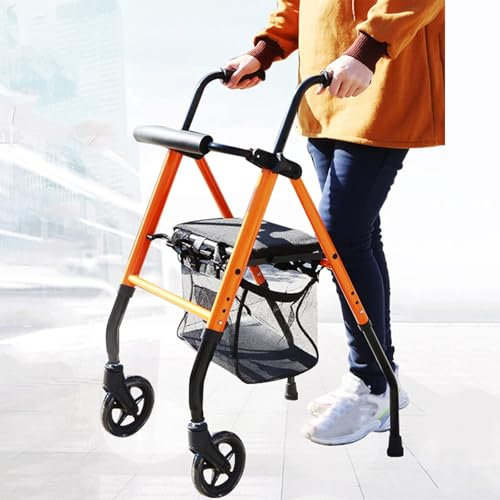ENWYTE Rollator med sits och väska, höj- och sänkbar, hopfällbar, rullstol for vuxna, seniorer, lätt rollator for inomhus och utomhus, stabil rollator med handbromsar(Orange)