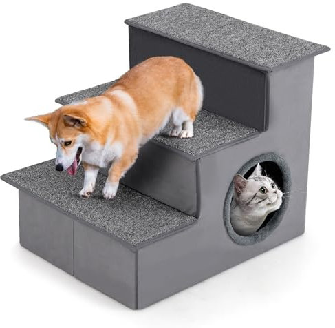 COSTWAY Hundetreppe 3 Stufen Faltbar, Haustiertreppe mit Stauraum & Höhle, für kleine große ältere Hunde bis 54 kg, rutschfeste Hunderampe für Bett Sofa Couch Auto, Katzentreppe, 54x42x44cm, Grau