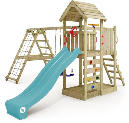 WICKEY Spielturm Klettergerüst RocketFlyer mit Schaukel & Rutsche, Outdoor Kinder Kletterturm mit Sandkasten, Leiter & Spiel-Zubehör für den Garten (Türkis)