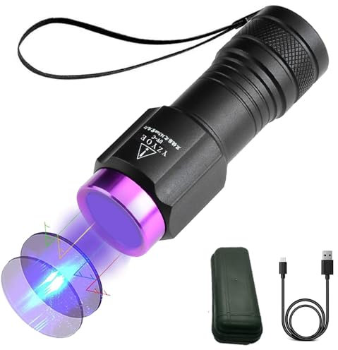 YZYOE 365NM torcia ricaricabile UV luce nera, 365UV mini torcia portatile luci nera, Luce di rilevamento di funghi alimentari e vegetali, valuta, insetto, giada, luci di ricerca minerale.
