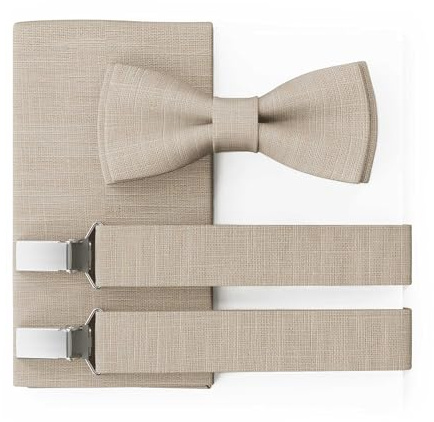 MAY-TIE Papillon da Uomo in Lino | Beige Naturale | Papillon da Matrimonio Vegano Pre-annodato | Opzionale con Fazzoletto da Taschino & Bretelle | Large Batwing | Fatto a Mano in Germania
