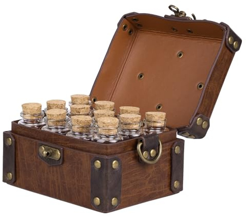 HiiFeuer Boîte d'alchimie médiévale en faux cuir avec 12 fioles de potion en liège, sacoche portable pour bijoux, porte dés Dnd (Marron A)
