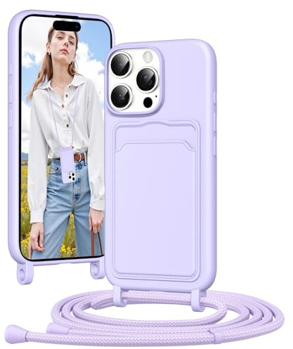 Vauki Mobiltelefonkedja silikonskal för iPhone 16 Pro Max med band, mobiltelefonskal med kortfack, avtagbart justerbart snöre kedja för hängande snöre, stötsäkert skyddsfodral (lila)