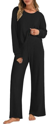 Joligiao Tuta da Donna in Maglia Autunnale Invernale Set da Salotto in 2 Pezzi Completo Elegante Set di Pantaloni a Gamba Larga e Maglione Manica Corta Girocollo Ginnastica Sportivo(Nero,S)