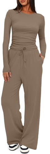 CheChury 2 Piece Co Ord Sets for Women Outfits Lounge Wear Ruched Long Sleeve Tops and High Waisted Wide Straight Leg Trousers Women Tracksuit Casual Leisure Sets,Coffee,XL