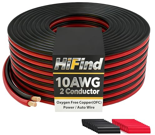 10 Gauge 2 Conductor Copper Electrical Wire 10 FT Red & Black, OFC Zipper Parallel Hookup Low Voltage Battery Cable, Waterproof for Automotive Car Audio Marine Boat LED Lighting RV Trailer Speaker DIY