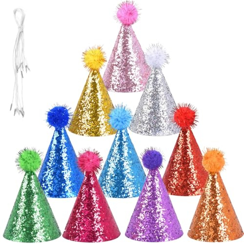 MUNSKT Pom pom Party Hats,10PCS Cone Party Hat with Adjustable Headband,Reusable Happy Birthday Hats for Boys Girls Kids Adults