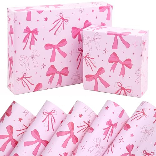 Pink Wrapping Paper 5 Sheets, Girls Birthday Wrapping Paper Designed with Pretty Pink Bow, 100% Recyclable ECO Gift Wrap for Girls,WomenBirthday,Party,Valentine's Day