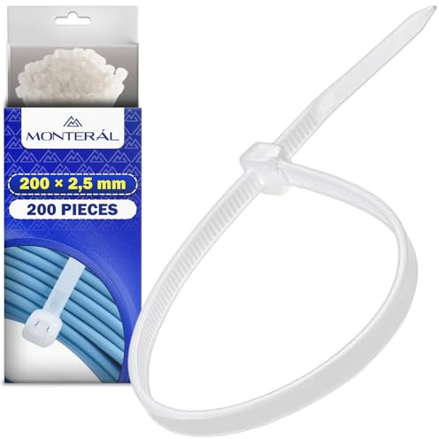 200 stycken vita plastband 200 x 2,5 mm - vita buntband är tillverkade av nylon PA66 med UV-stabilisator - plastklämmor tål temperaturer mellan -10 °C och 85 °C - MONTERAL