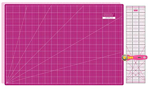 SEMPLIX Skärmattor set – skärunderlag 90 x 60 cm (A1), rullskärare Maxi 45 mm, patchwork linjal 60 x 15 cm (rosa/bär)