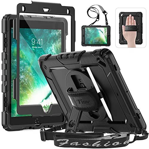 Timecity Hülle für iPad Air 2 iPad 6. / 5. Generation iPad Pro 9,7 2018/2017 Stoßfeste Schutzhülle mit Displayschutz 360°-drehbare-Ständer Stifthalter Handschlaufe Schulterrgurt Outdoor - Schwarz