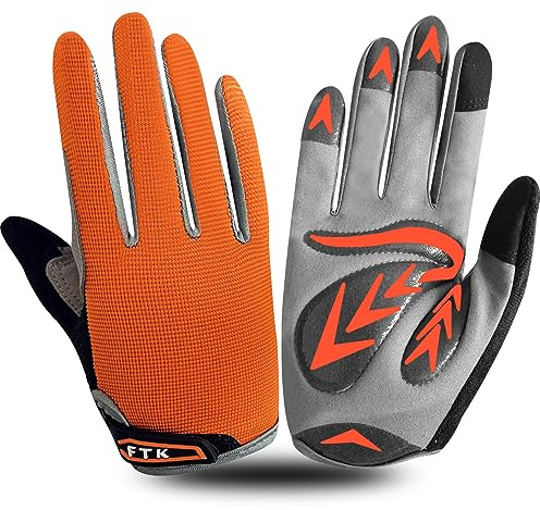 Gants Velo Enfant Cyclisme Junior Running VTT Moto Plein Doigt Poignée Paire, Gant Bicyclette Escalade Randonnée Skateboard Gel Résistant à l'abrasion Antideparant Mitaines Outdoor (L, Orange)