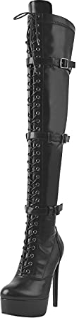 Only maker Damen Strech Overknees Schnürstiefel Plateau High Heels mit Schnallen Reißverschluss Lederoptik Schwarz 41 EU