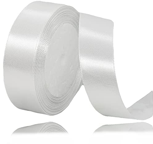 Geschenkband weiß 25mm Breit, 23 Meters Satinband Weiss Geschenkbänder Stoff Schleifenband Dekoband zum Geschenkverpackung, Bastelarbeiten, Geburtstag und Hochzeitsdekoration