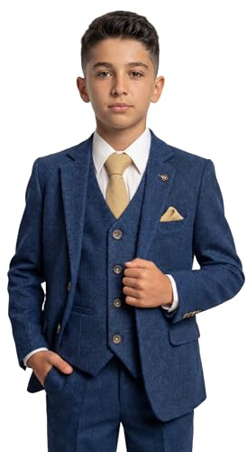 Boys Tweed Wool Suit Slim Fit, Blue, Wedding, 3 Piece Orson, Age 10 Years