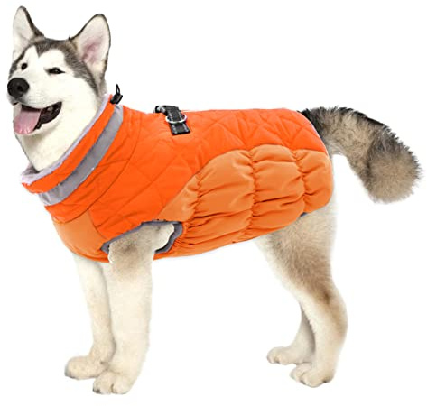 Lelepet Dog Coat Warm Dog Winter Coat Waterproof Dogs Jacket with Harness Built in Reflective Pet Fleece Vest Zip-Up Cold Weather Coats for Large Dogs Turtleneck Windproof Coats Boxer Blaze Orange XL