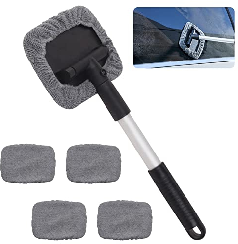 Jetisva Retractable Car Windscreen Cleaner Tool Car Window Cleaner Inside Kit with 4pcs Washable Microfiber Cloth 180°Rotating Car Windshield Cleanning Wiper Car Glass Cleaner Brush for Auto SUV