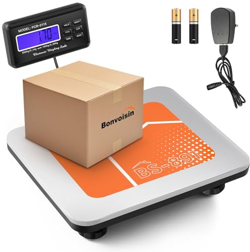Bonvoisin Digital Postal Scale 300kg/660lb, External LCD Display Parcel Shipping Scale with Counting Function, kg/oz/lb Switchable, 4 AA Batteries & UK Mains Adapter Included, 36x30cm Platform