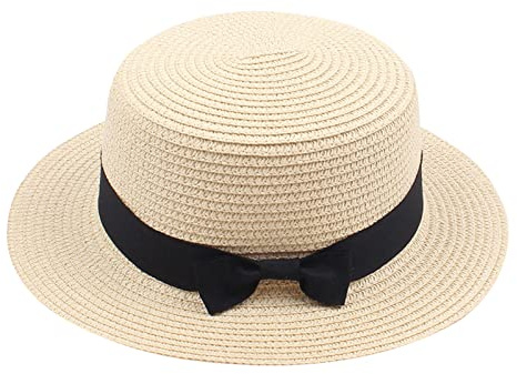 ZHUER Sun Hat for Girls Boys Bowknot Straw Hat for Kids Wide Brim Boater Hat Foldable Flat Top Beach Hats UV Protection