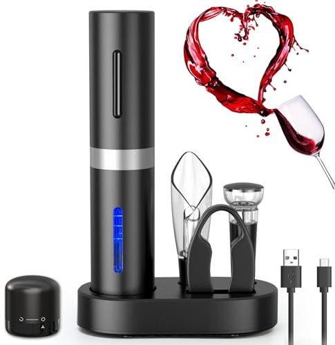 ZOYIDOUX Elektrischer Korkenzieher, wiederaufladbar, 7 in 1, Geschenkbox, Flaschenöffner mit Ladestation, Kapselschneider, Weinbelüfter, Silikonverschluss, Weinverschluss, USB-Kabel