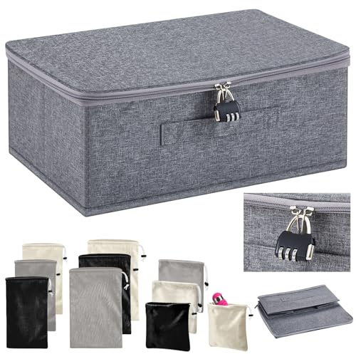 1 PC Discreet Lockable Adult Toy Bag Storage Organizer with 9 Pcs Toy Storage Drawstring Bags Organizer for Women and Men 3 Sizes, 15 x 10 x 6.3 Inches Lockable Box Travel Container(Gray)