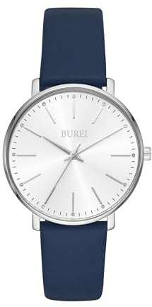 BUREI Frauen Uhren Mode Minimalistisch Analog Leder Quarz Wasserdicht Uhren für Frauen (Blue Silber)
