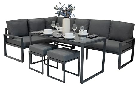 Garten Aluminium Möbelset Anthrazitgrau 7-Sitzer Outdoor Terrasse Lounge Sectional Ecksofa Glasplatten Esstisch 2 Hocker Dicke Polster mit Waschbaren Bezügen wasserdichte Regenabdeckung