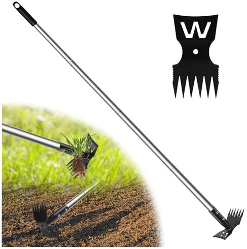 YUJOIBAN Weed Puller Tool with Long Handle, 60 Weed Remover Tool, 2 in 1 Weed Rake & Garden Hoe for Weeding, Weeder Tool with Detachable Handle, Uprooting Weeding Tool for Yard, Lawn, Patio, Garden