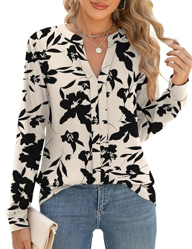 IECCP Ladies Tops Long Sleeve Blouses for Women Business Shirts V Neck Elegant Floral Printed The Holiday Casual Xmas Floaty Tunic Apricot Floral L