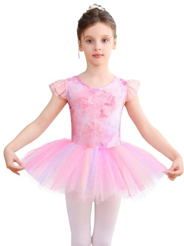 Bezioner Justaucorps Danse Fille avec Jupe Tutu Danse Classique Filles Brillante Vêtements Tenue de Ballet Manches Courtes Rose 120(4-6 Ans,110-120 cm)