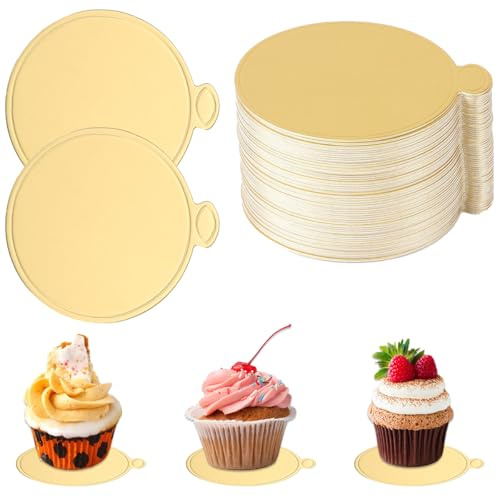 100 Piezas Mini Tablero Redondo para Pasteles Dorado, 9cm Base de Pastel de Cartón Desechable, Tablero para Pasteles, Bandeja de Exhibición DEE Postres, Bases de Tartas para Buffet, Bodas, Fiestas