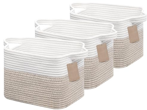 JOJOSEE Woven Storage Baskets Shelf Basket 32x25x22.5 cm White&Brown 3PCS | Small Cotton Rope Storage Basket for Shelves, Toys, Books and Shoes, Decorative Gift Basket for Home & Living Spaces