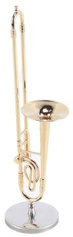 ACOLY Replica del modello di trombone in miniatura con supporto e custodia, strumento placcato in oro, replica di ornamento decorativo di trombone sassofono placcato in oro da 14 cm