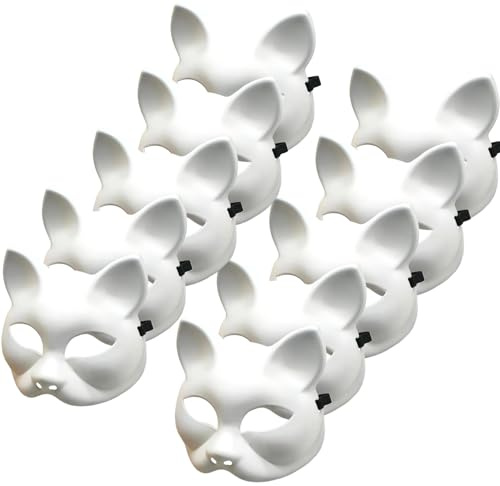Vervevum 10 st kattmask 5 x 6,7 tom Halloween-mask, kattmasker i plast att måla, gör-det-själv halv ansikte vit therian, therian utrustning med elastiskt band för halloween cosplay fest