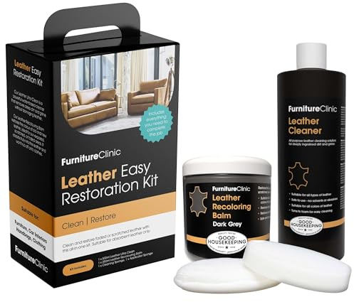 Furniture Clinic Easy Leather Restoration Kit (Dark Grey) | Includes Recolouring Balm, Ultra Clean, Sponge & Cloth for Furniture, Car Seats, Shoes & Bags