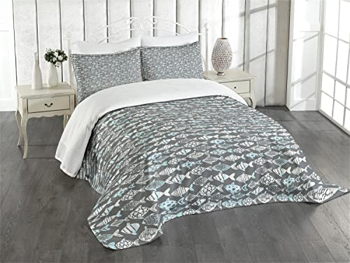 ABAKUHAUS Fisch Tagesdecke Set, Abstraktes Fischen-Thema, Set mit Kissenbezügen Sommerdecke, für Einzelbetten 170 x 220 cm, Babyblau Weiß und Grau
