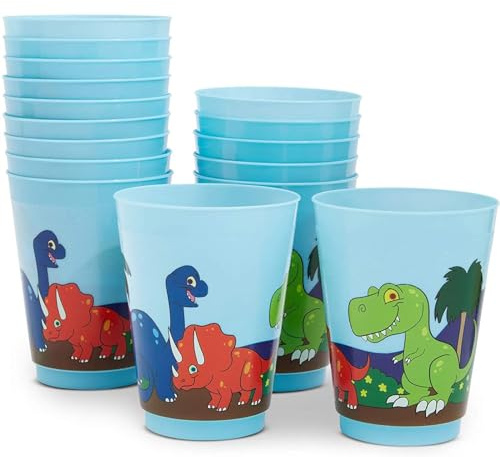 BLUE PANDA 16 Pack Plastic Dinosaur Cups for Kids, Cartoon Dino Party Favors for Birthday Party Supplies and Dinosaur Birthday Decorations (16 O)