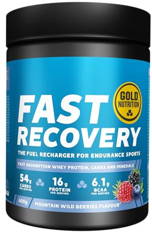 GoldNutrition, Fast Recovery Drink, Bebida Deportiva, Recuperador Muscular con BCAA, Carbohidratos y Proteína Aisalada de Suero, Ideal para la Recuperación Muscular, Sabor Frutos Rojos, 600 g