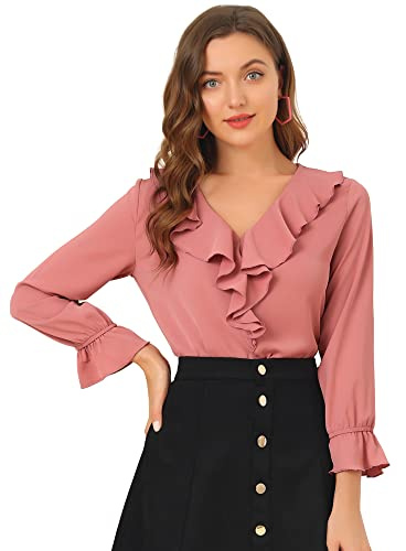 Allegra K Blusa de gasa con cuello en V y volantes con mangas de pulsera, azul, talla 12, Rosa Oscuro, 36
