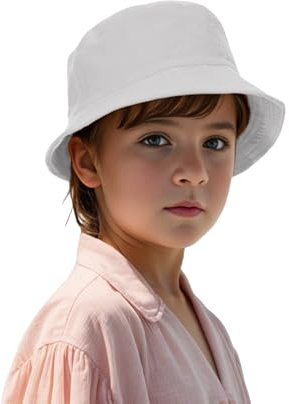 TopTie Sombrero de Sol Infantil Niños y Niñas 3-8 Años Gorro Pescador de Algodón Protección Solar Uv Ligero para Playa Piscina y Exterior, Blanco
